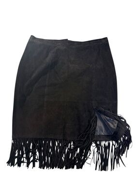 Vintage Via Accenti Black 100% Suede Leather Fringe Skirt